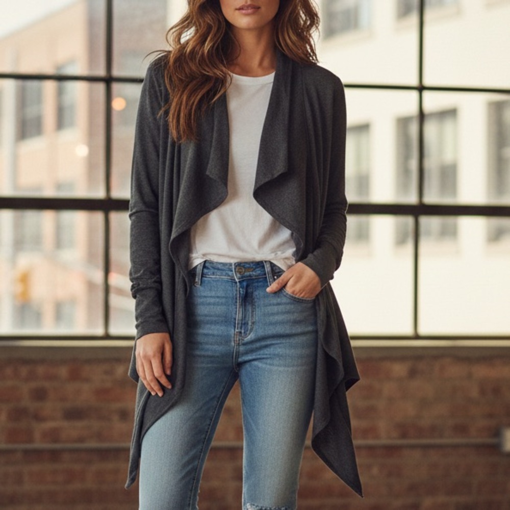 Draped Waterfall Cardigan Converse One Star Charcoal Gray Long Sleeve Top Size M